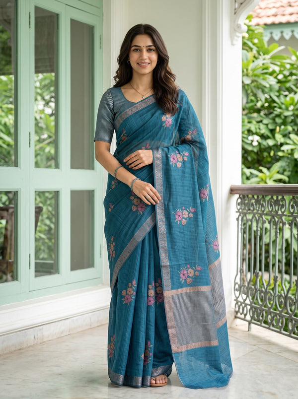 Chanderi Cotton Teal Blue  Saree with Floral Embroidery