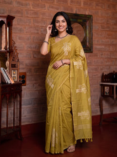 Organza Mustard Saree with Self-Tone Leaf Branch Print