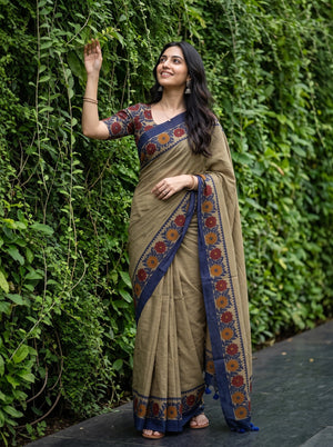 Cotton Beige Saree with Floral Print and Navy Blue Border