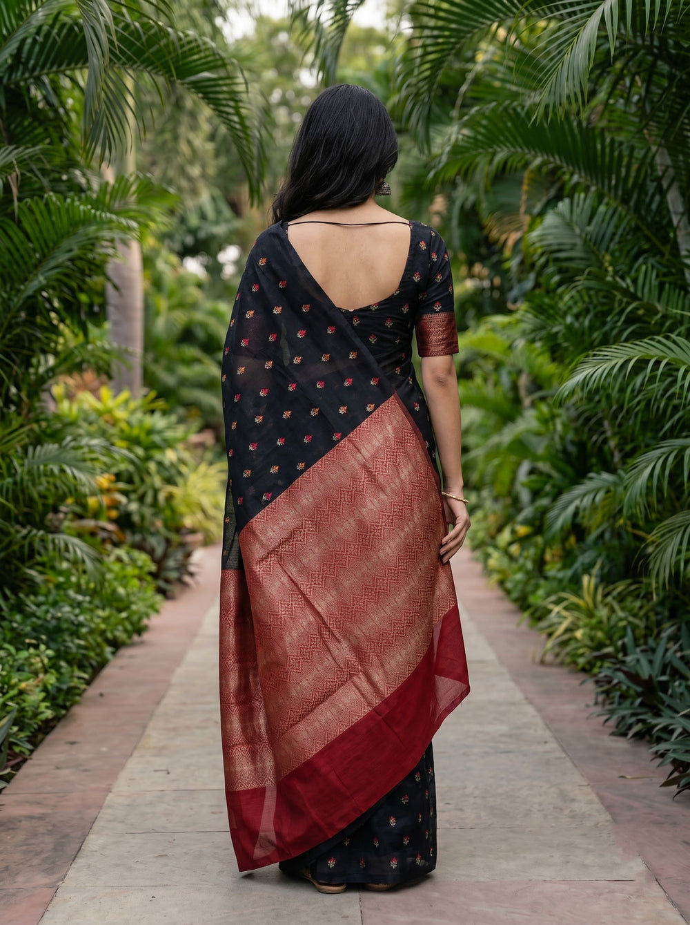 Cotton Black Saree with Multicolor Floral Butta Pattern