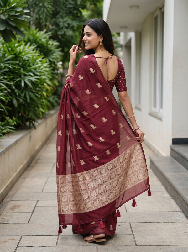 Cotton Silk Maroon Saree with animal Motif Mural Pallu