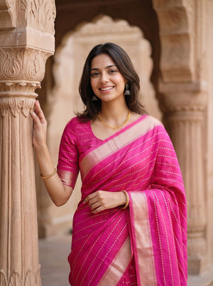 Semi Silk Hot Pink Pinstripe Saree with Golden Zari Woven Pallu