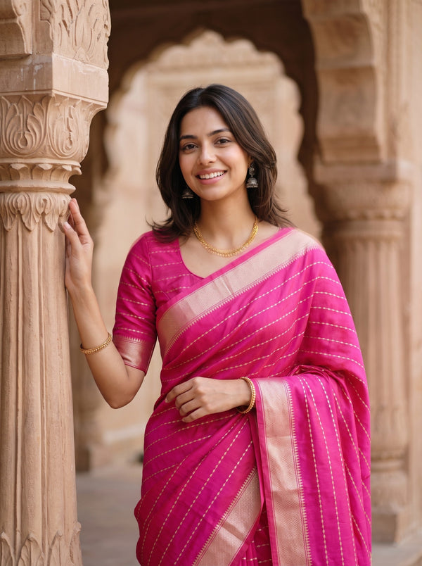 Semi Silk Hot Pink Pinstripe Saree with Golden Zari Woven Pallu