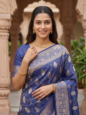 Banarasi Saree in Navy Blue with Golden Paisley Pallu Design