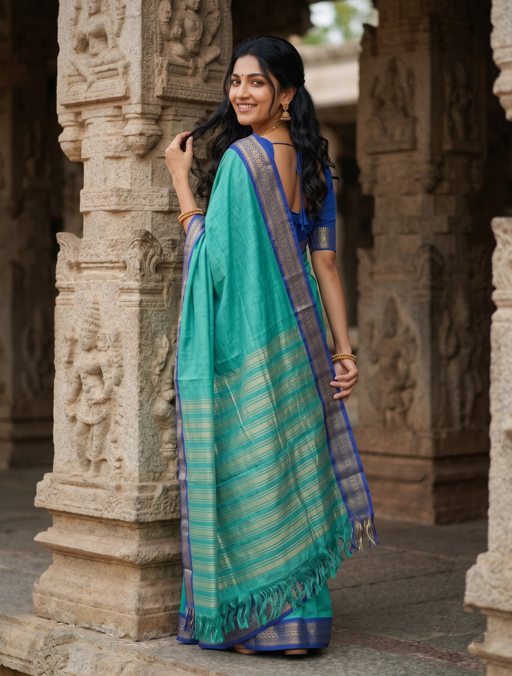 Semi Silk Sea Green Contrast Blue Zari Saree