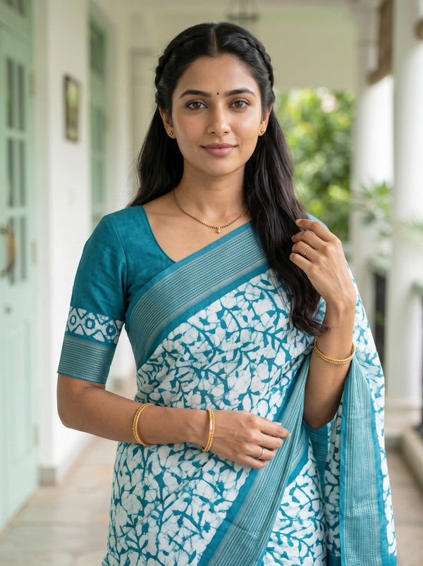 Polycotton Teal Blue Saree with Batik Crackle Print