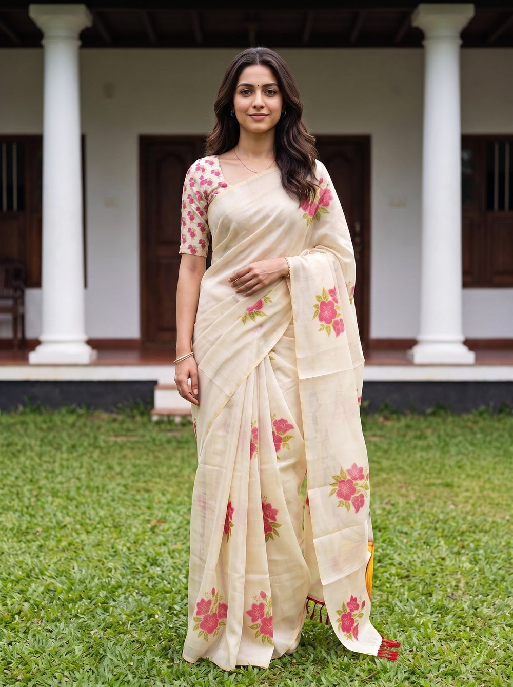 A woman stands outdoors in a garden wearing a cream-colored saree with a large printed illustration of a child and pink floral accents. The background shows a house with white pillars, dark brown doors, and green grass.