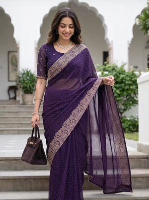 Chiffon Purple Stone Studded Floral Border Saree