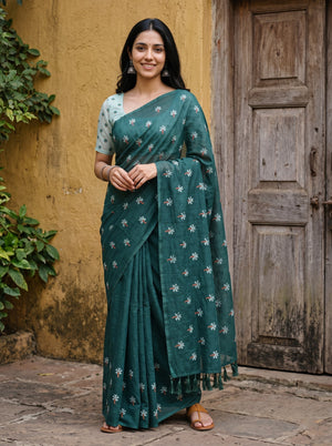 Cotton Bottle Green Saree with White Star Flower Print