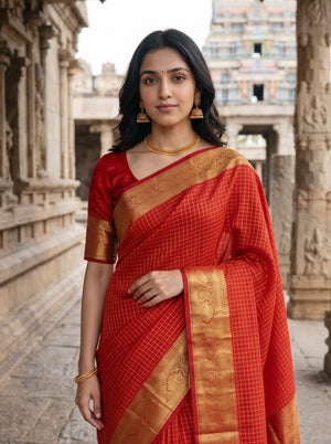 Pure Silk Red Saree with Golden Zari Checks and Rich Zari Border Pallu