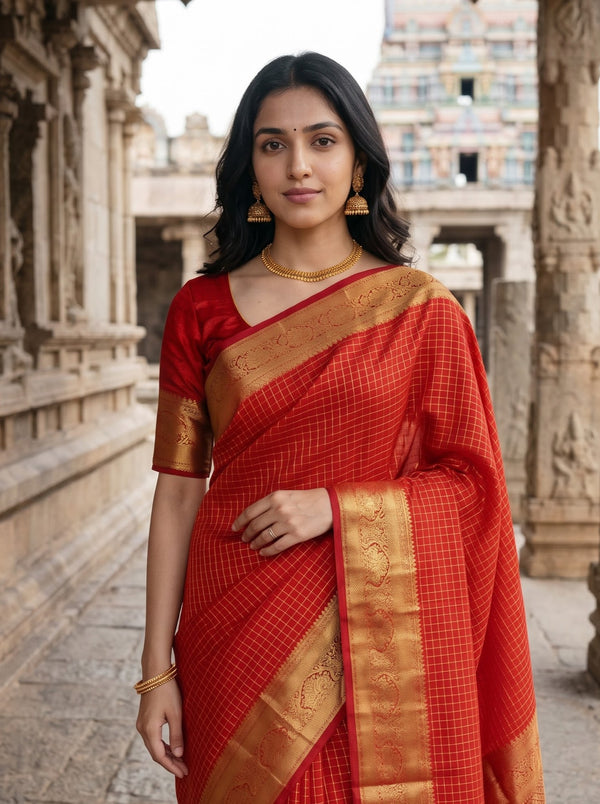 Pure Silk Red Saree with Golden Zari Checks and Rich Zari Border Pallu