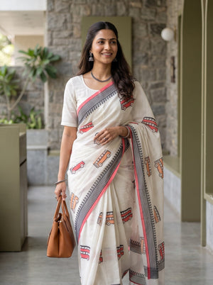Cotton Saree in Off-White with Cartoon Bus Motifs and Paisley Trim