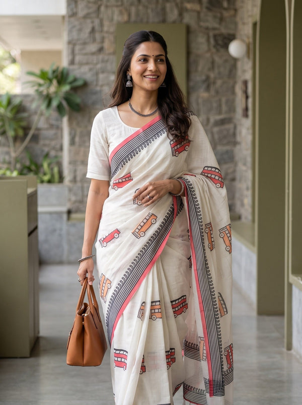 Cotton Saree in Off-White with Cartoon Bus Motifs and Paisley Trim