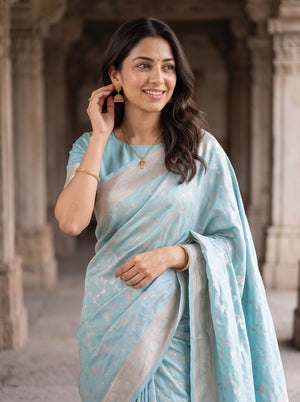Banarasi Sky Blue Saree with Golden Zari Floral Vine Design and Brocade Pallu