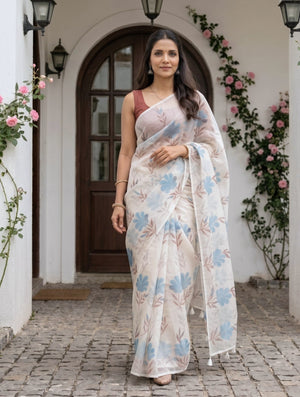 Organza Off-White Turquoise Watercolor Floral Print Saree with White Tassels