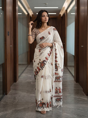 Cotton White Saree with Royal Elephant Procession Print