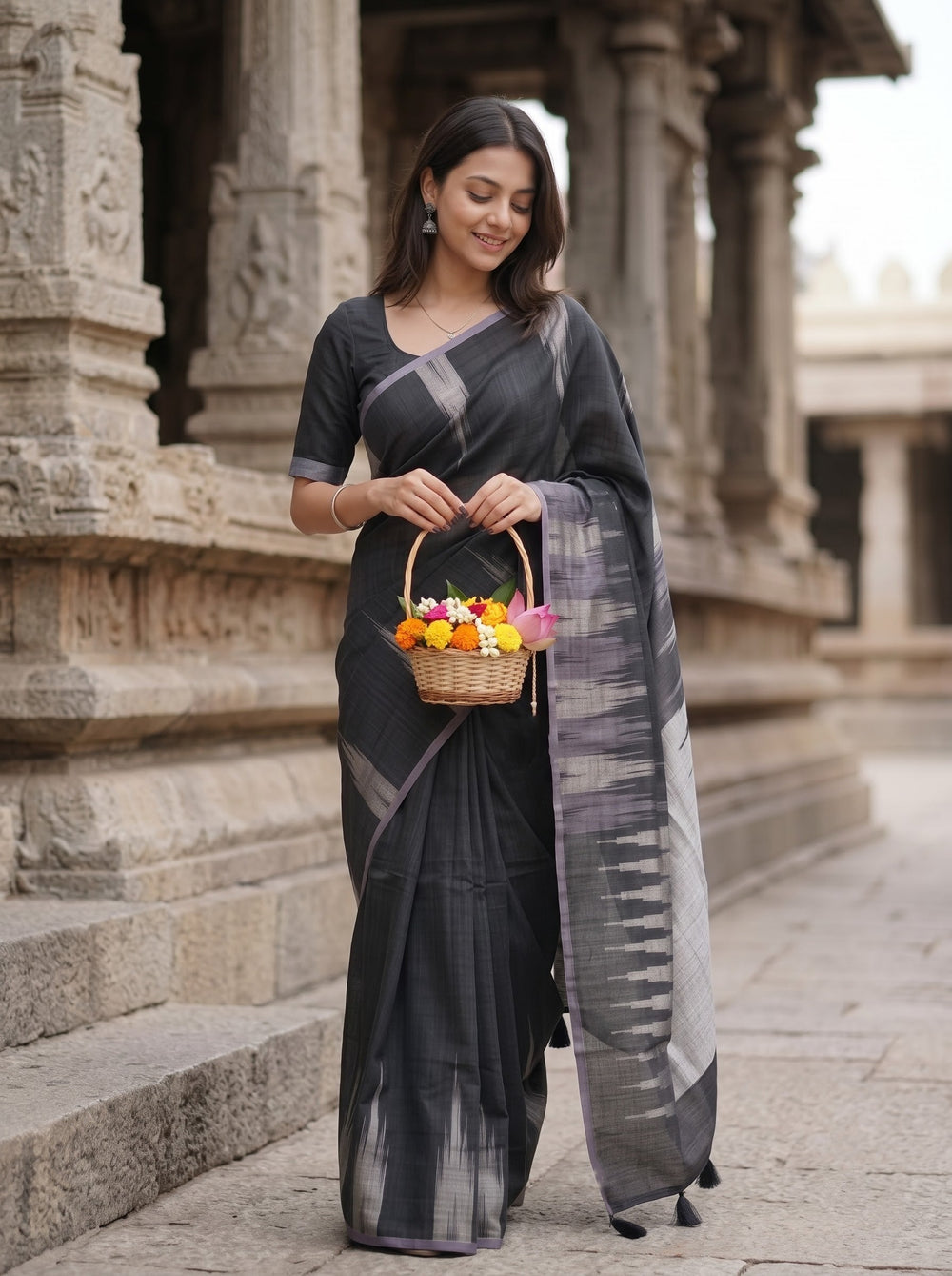 Matka Silk Black Silver Ikat Flame Weave Saree