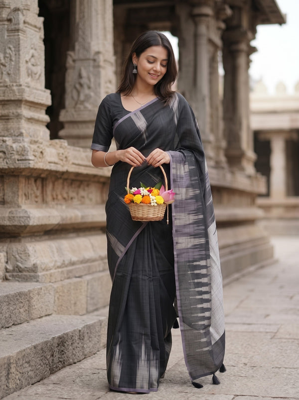 Matka Silk Black Silver Ikat Flame Weave Saree