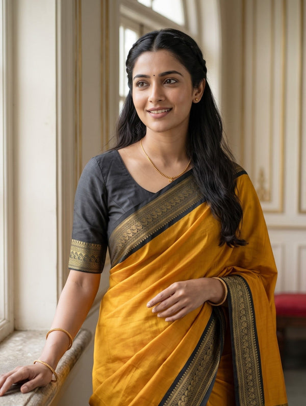 Semi Silk Mustard Yellow Golden Pinstripe Saree with Black Zari Border