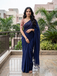 Cotton Navy Blue Saree with Solid Striated Weave and Matching Tassels