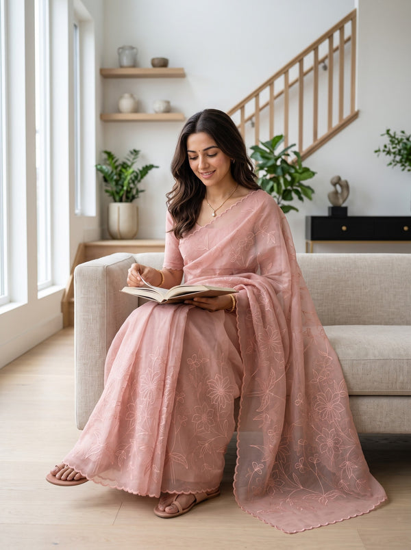 Net Kota Peach Saree with Intricate Floral Embroidery and Scalloped Border