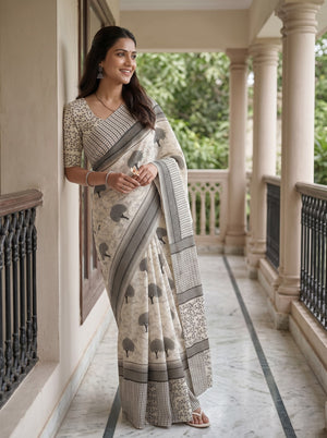 Cotton White Saree with Black Bird and Floral Printed Pallu
