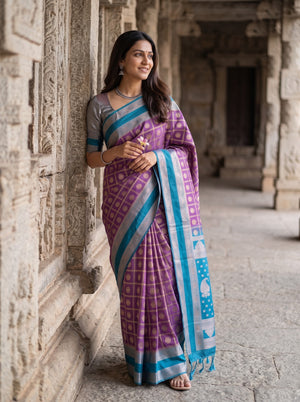 Semi Silk Violet Checkered Peacock Blue Paisley Saree