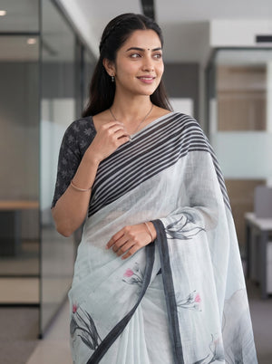 Cotton Mint Blue Saree with Watercolor Tulip Print and Striped Border