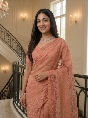 Organza Peach Saree with Floral Vine Embroidery and Scalloped Border