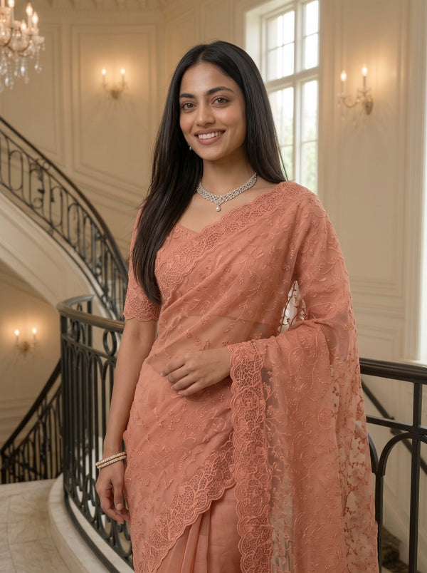 Organza Peach Saree with Floral Vine Embroidery and Scalloped Border