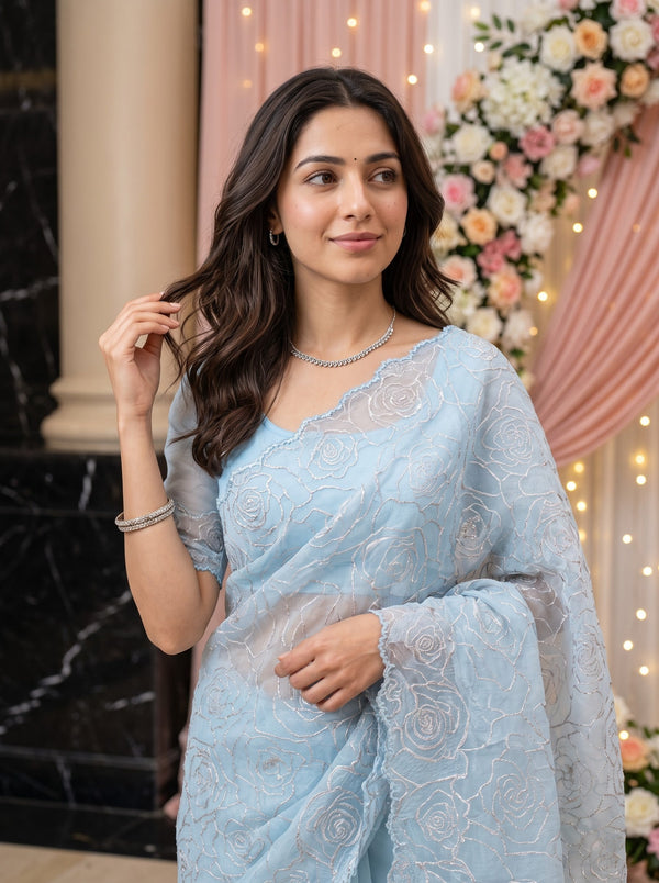 Turkish Organza Sky Blue Rose Flower Golden Zari Outline Saree