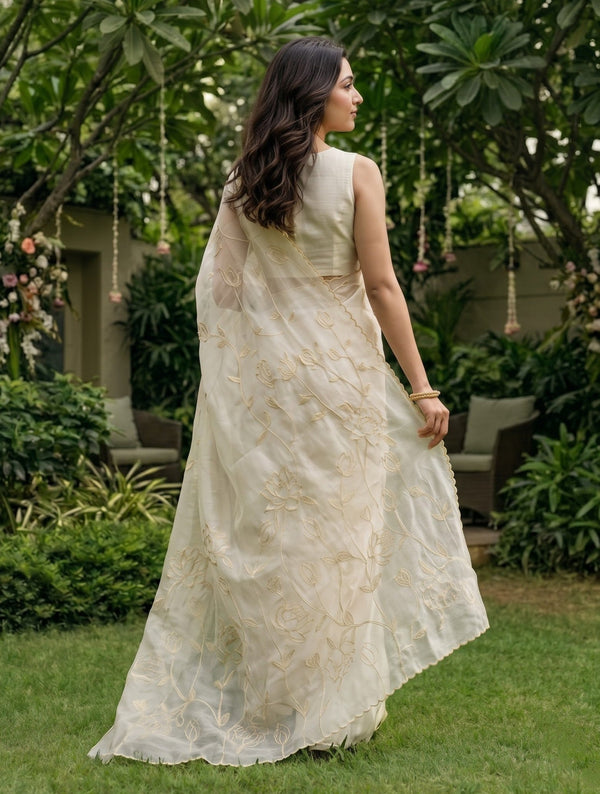 Organza Ivory Floral Embroidery Designer Saree
