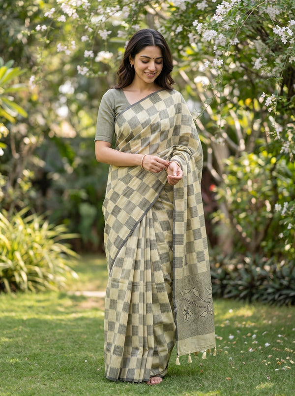 Linen Olive Khaki Checkerboard Weave Saree with Floral Border and Tassels