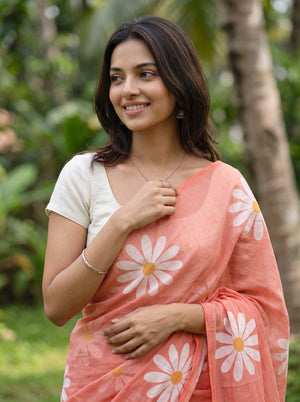 Cotton Peach Saree with White Daisy Flower Print