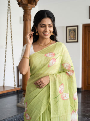 Cotton Lime Green Saree with Watercolor Lotus Flower Print