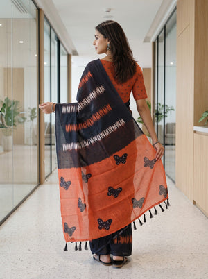 Cotton Black Saree with Orange Butterfly Print Pallu