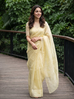 Linen Yellow Saree with Maple Leaf Cutwork Pallu and Sequin Work
