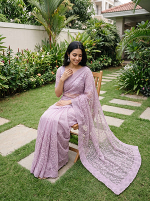 Net Kota Lilac Floral Lace Embroidery Saree