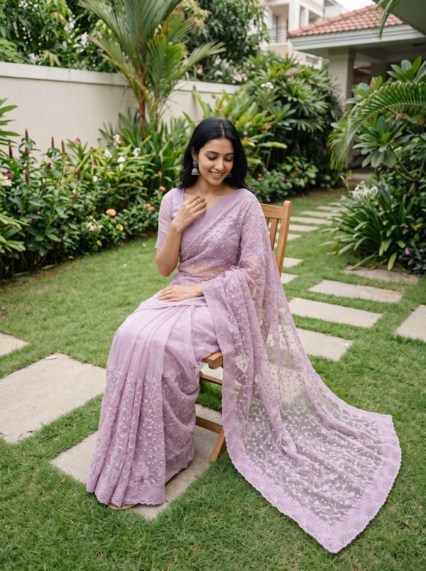 Net Kota Lilac Floral Lace Embroidery Saree