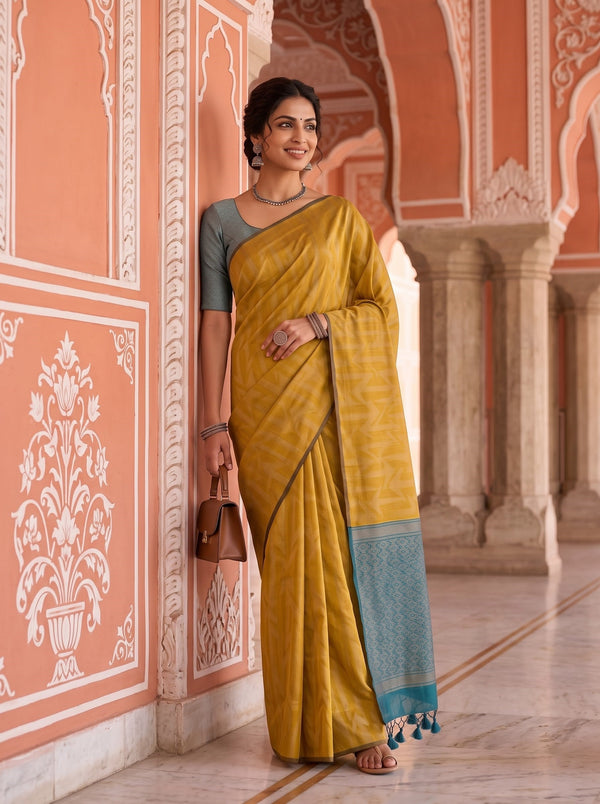Semi Silk Mustard Golden Teal Contrast Border Zigzag Saree with Tassels