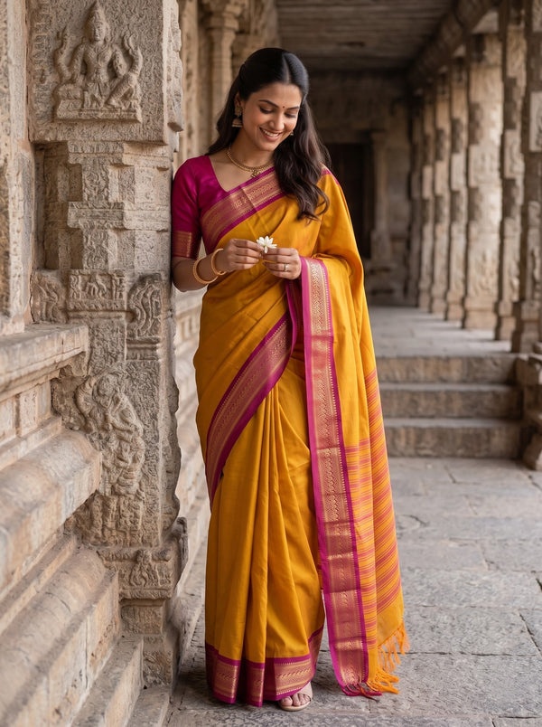 Semi Silk Mustard Yellow Golden Pinstripe Saree with Magenta Zari Border