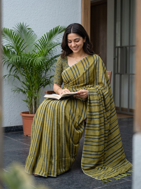 Cotton Olive Green Saree with Teal Horizontal Stripe Print
