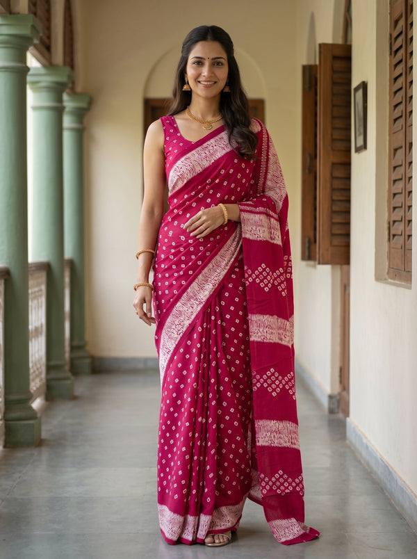Synthetic Crimson Bandhej Print Saree