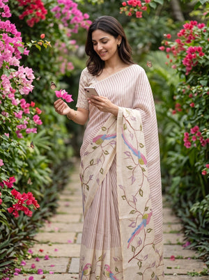 Linen Cream Parrot Bird Branch Print Saree