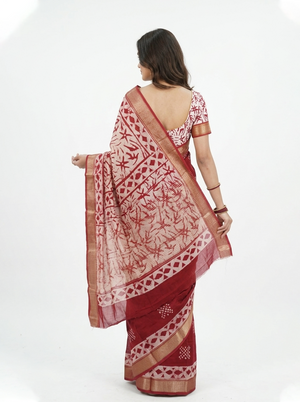 Soft Cotton Maroon Triangle Print Saree with Zari Border