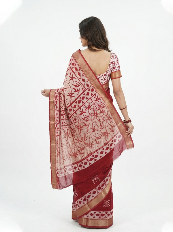 Soft Cotton Maroon Triangle Print Saree with Zari Border