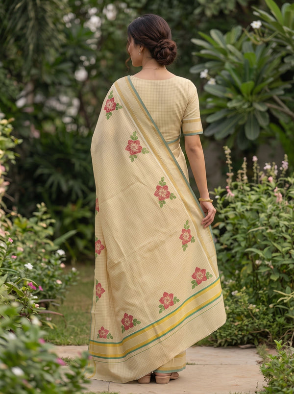 Tissue Cream Kerala Saree with Red Floral Print Pallu and Golden Zari Checks