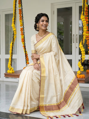 Tissue Sillk Cream Gold Zari Maroon Zig Zag Pattern Set Saree