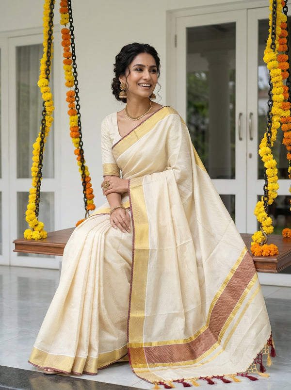 Tissue Sillk Cream Gold Zari Maroon Zig Zag Pattern Set Saree