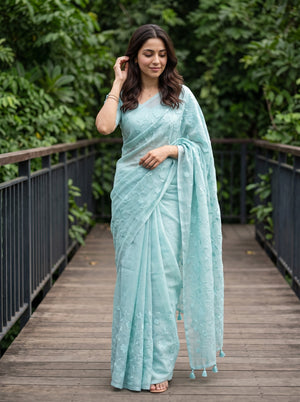 Linen Mint blue Allover Floral Vine Embroidered Saree with Tassels